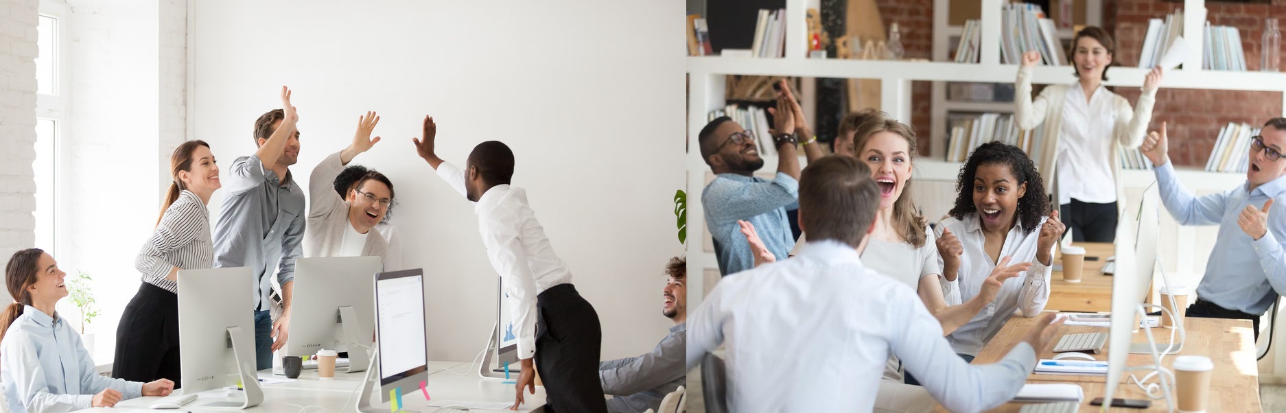 Happy Multi-ethnic Employees Sales Team Giving High Five Togethe